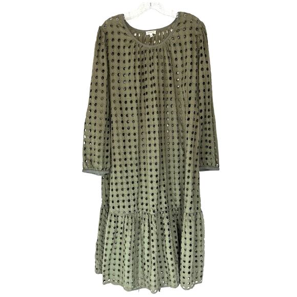V.DE. Vinster Olive Green Boho Cottage Shiffli Eyelet Midi Dress Size Medium - Picture 3 of 10
